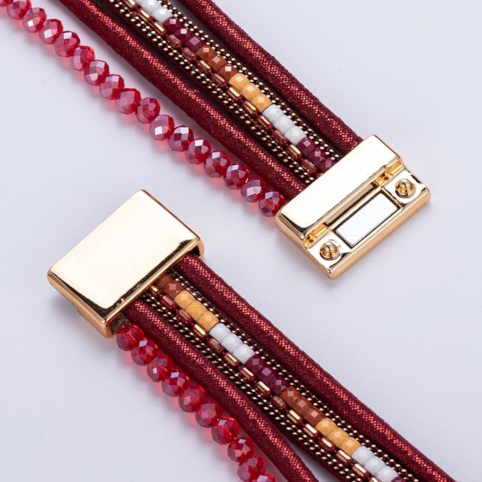 FANCY SHINY Leather Wrap Bracelets Crystal Beads Bracelet Boho Cuff Stone Charm Bracelets with Clasp Costume Jewelry for Women