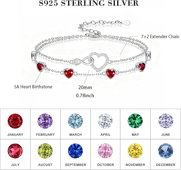 Prismata Infinity Birthstone Charm Link Bracelet 925 Sterling Silver Adjustable 12 Months Birthstone Infinity Bracelet Birthday Jewelry Gifts for Women Mom Her,with 7"+2" chain