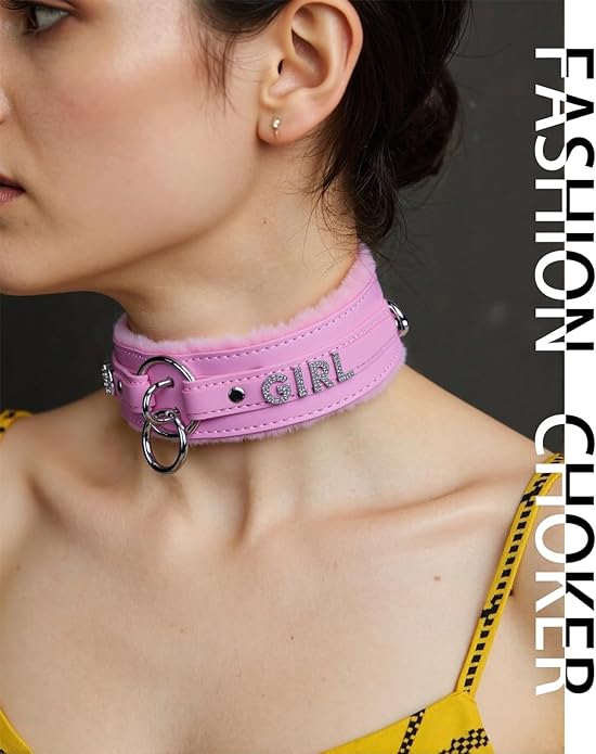 Sparkle Letter Choker Collar For Women, Furry O-ring Leather Collar Punk Gothic Choker Necklace Adjustable Fashion Jewelry, Black