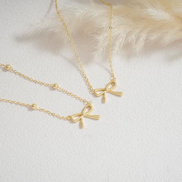 Valentines Day Gifts for Her - Dainty Bow Necklace for Women 14K Gold Plated Cute Choker Small Pendant Charm Necklaces Teen Gift Trendy Stuff Personalized Jewelry