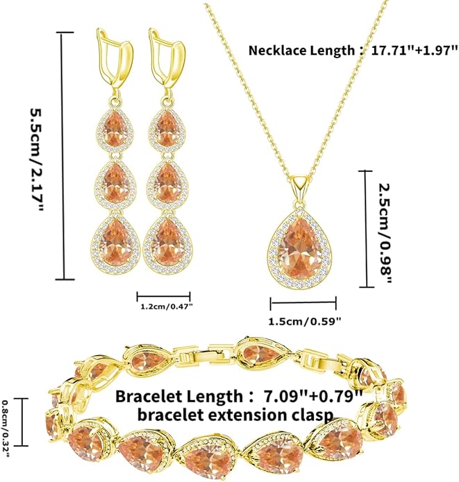 LMXXVJ Necklace Long Earrings Bracelet Set, White Gold Plated Created Blue Sapphire Jewelry Set Wedding Party Gift Jewelry for Women Bridal Bridesmaid