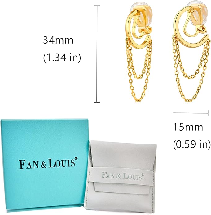 FAN&LOUIS Gold Clip On Earrings for Women, 24K Gold Plated Small Hoop Dangle Chains Drop Trendy Hypoallergenic Non Pierced Earrings Painless Lightweight Clip-On Earrings