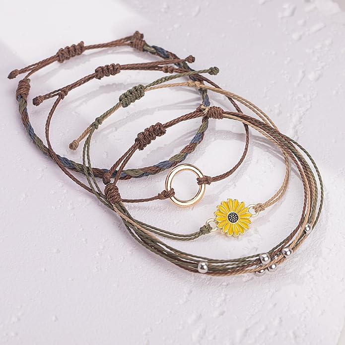 FANCY SHINY Sunflower String Bracelet Boho Braided Rope Wrap Bracelets Cute Summer Beach Surfer Jewelry for Women