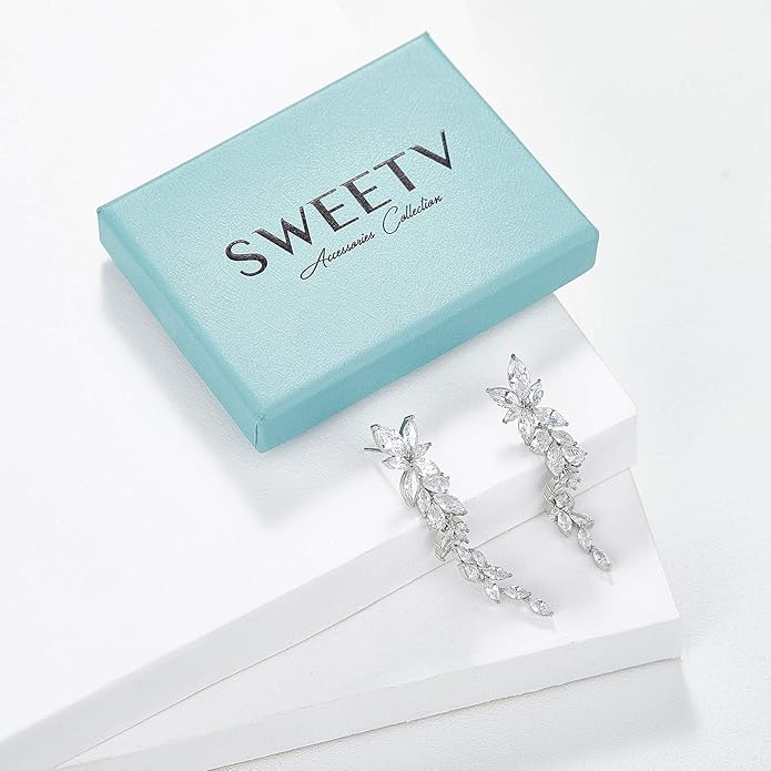 SWEETV Marquise Cubic Zirconia Wedding Earrings for Women Brides, Crystal Chandelier Bridal Drop Earrings for Prom Pageant