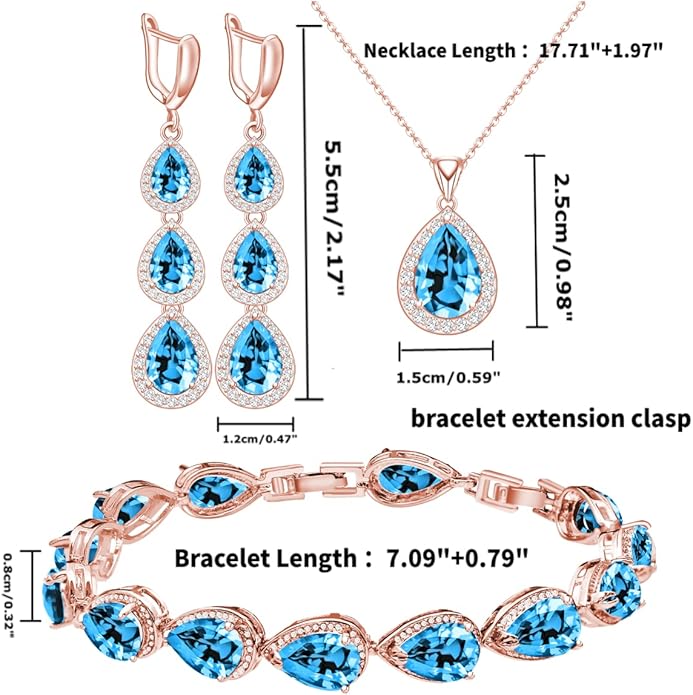 LMXXVJ Necklace Long Earrings Bracelet Set, White Gold Plated Created Blue Sapphire Jewelry Set Wedding Party Gift Jewelry for Women Bridal Bridesmaid