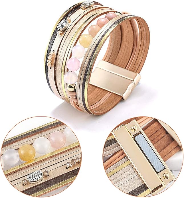 Wowanoo 3Pack Leather Cuff Bracelet Set Multilayer Wrap Bracelet Crystal Feather Tree Bracelet Magnetic Clasp Bracelet for Women