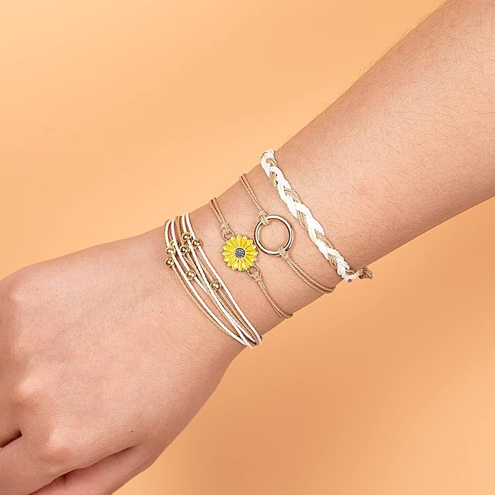 FANCY SHINY Sunflower String Bracelet Boho Braided Rope Wrap Bracelets Cute Summer Beach Surfer Jewelry for Women