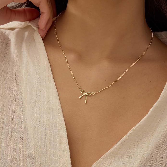 Valentines Day Gifts for Her - Dainty Bow Necklace for Women 14K Gold Plated Cute Choker Small Pendant Charm Necklaces Teen Gift Trendy Stuff Personalized Jewelry