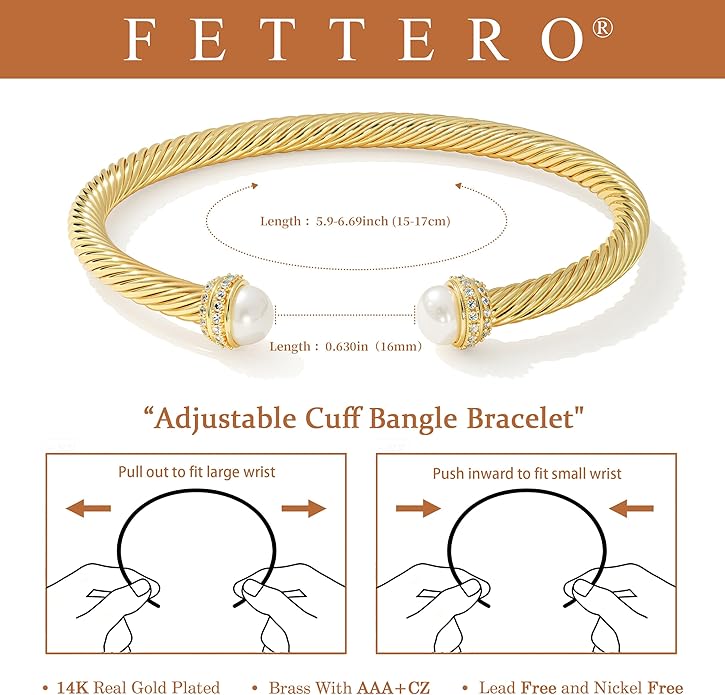 Fettero Gold Cuff Bangle Bracelets for Women - 14K Gold Plated Adjustable Open Cuff Friendship Bracelets Elegant Twisted Cable Bangle Bracelet Lightweight Pearl Bracelet for Dainty Jewelry