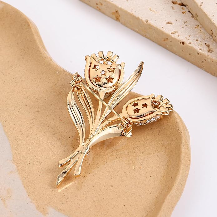 Crystal Brooch Vintage Floral Gold Pin Micro Pave Daisy/Tulip Rhinestone Embellishment for Women Holiday styles.