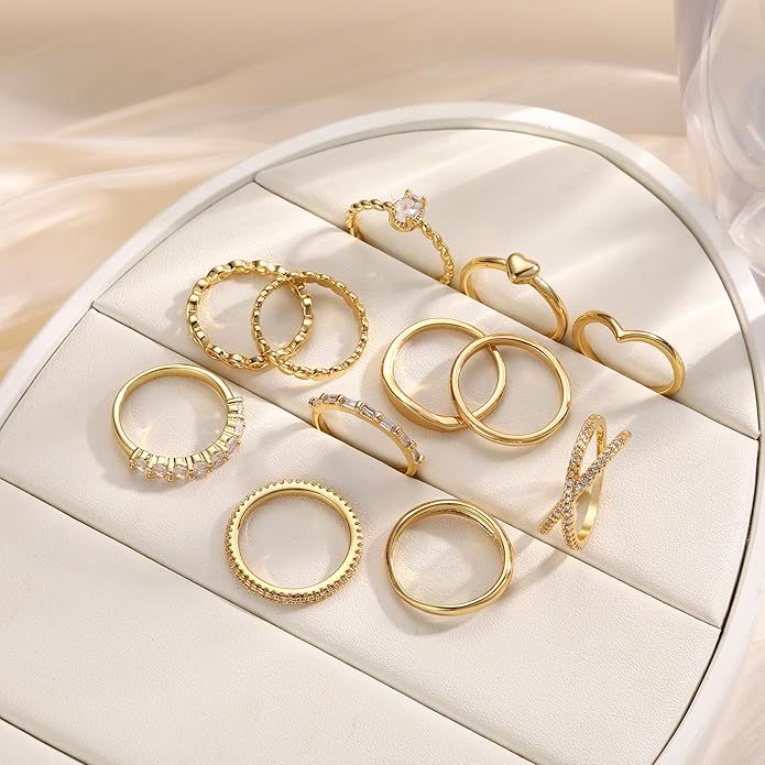 FAXHION 12 PCS Dainty 14K Gold Rings for Women, Eternity Open Chunky Twist Simulated Diamond Criss Cross Designs, Non Tarnish Gold Plated Stacking Thumb Ring, Perfect for Wedding Bands Size 5-11