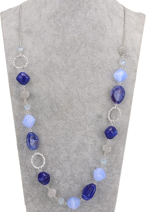 BULINLIN Beaded Long Necklace for Women Silver Sweater Chain Necklace with Crystal Resin Beads, Fashion Jewelry Necklace