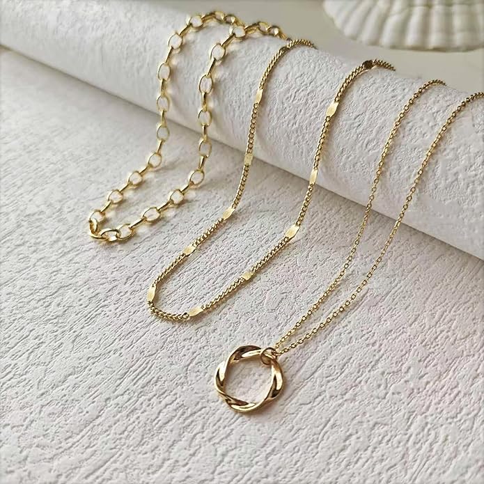 OGD Layered CZ Rondelle Pendant Necklaces for Women, 14K Gold Plated Trendy Mariner Chain Dainty Circle Rondelle Pendant Choker Necklace for Women Two-Toned Cubic Zirconia Gold Necklace