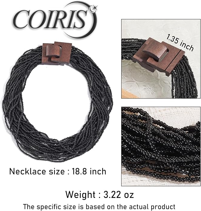 Coiris Beaded Strand Necklace for Women Boho Chunky Beaded Strand Necklace Bohemian Summer Beach Necklace Jewelry for Women(N0059-Black)