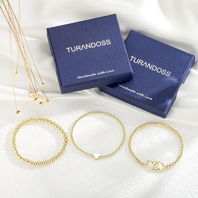 Turandoss Gold Bracelets for Women - Dainty 14K Gold Plated Bow Cross Beaded Bracelets for Women Stackable Heart Bead Bracelet Set Wave CZ Round Ball Bracelet Valentine's Day Gifts for Her