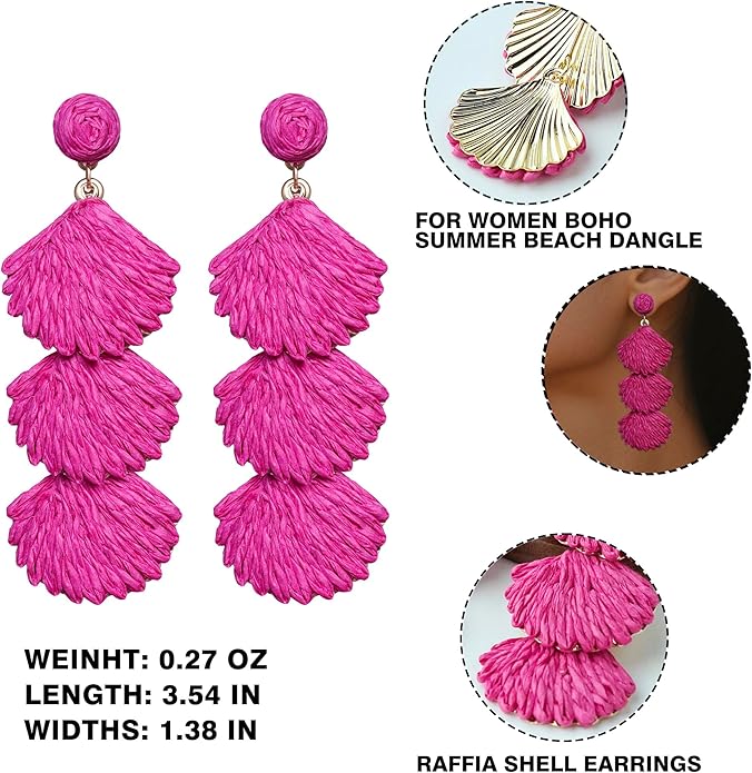 Raffia Dangle Earrings for Women - Boho Statement Rattan Drop Jewelry with Shell Design, Lightweight Summer Beach Trendy Accessories