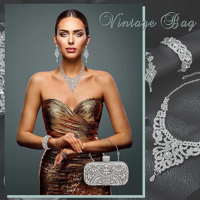 Quelay 4 Pcs Purse Rhinestone Jewelry Set Evening Clutch Bag Bling Crystal Necklace Dangle Earrings Bracelets Accessories