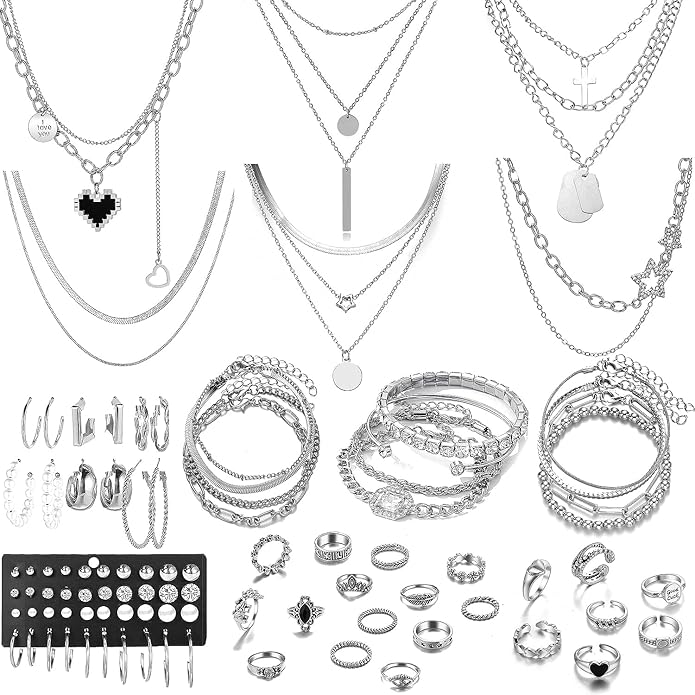 73 Pcs Gold Jewelry Set with 6Pcs Layered Necklace, 11 Pcs anklet and 7Pcs Earring Ear Cuff,12Hoop Earrings ,15pcs Rings,21pcs stud earrings Jewerly set for Women Pack for Friendship Party Gift