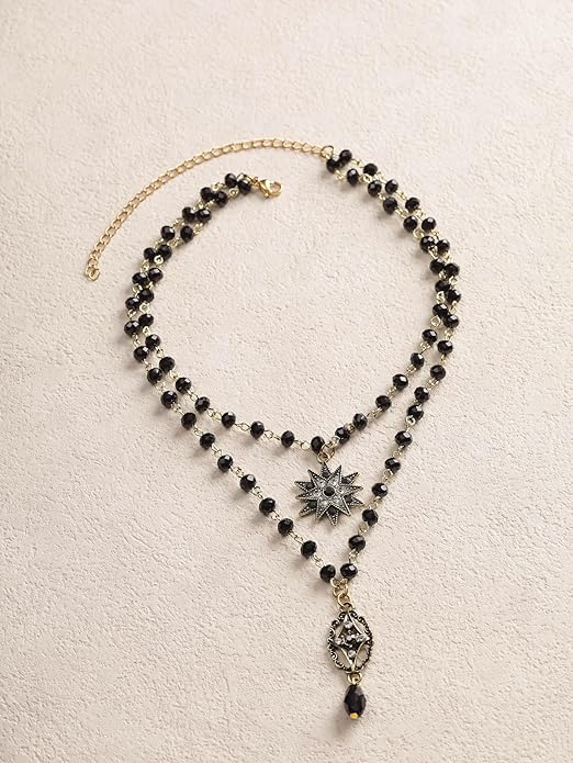 Sacina Layered Black Beaded Star Choker Necklace, Gothic Emo Punk Grunge Necklace, Gothic Jewelry, Halloween Christmas Jewelry Gift for Women