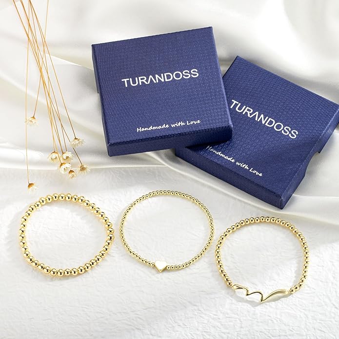 Turandoss Gold Bracelets for Women - Dainty 14K Gold Plated Bow Cross Beaded Bracelets for Women Stackable Heart Bead Bracelet Set Wave CZ Round Ball Bracelet Valentine's Day Gifts for Her