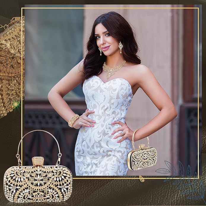 Quelay 4 Pcs Purse Rhinestone Jewelry Set Evening Clutch Bag Bling Crystal Necklace Dangle Earrings Bracelets Accessories