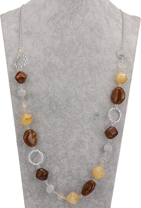 BULINLIN Beaded Long Necklace for Women Silver Sweater Chain Necklace with Crystal Resin Beads, Fashion Jewelry Necklace
