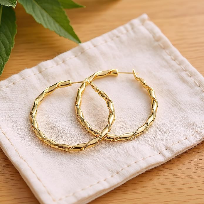 14k Gold Plated Hoop Earrings for Women, 925 Sterling Silver Posts Thick Twist Hypoallergenic Chunky Large Earrings 20mm 30mm 40mm 50mm