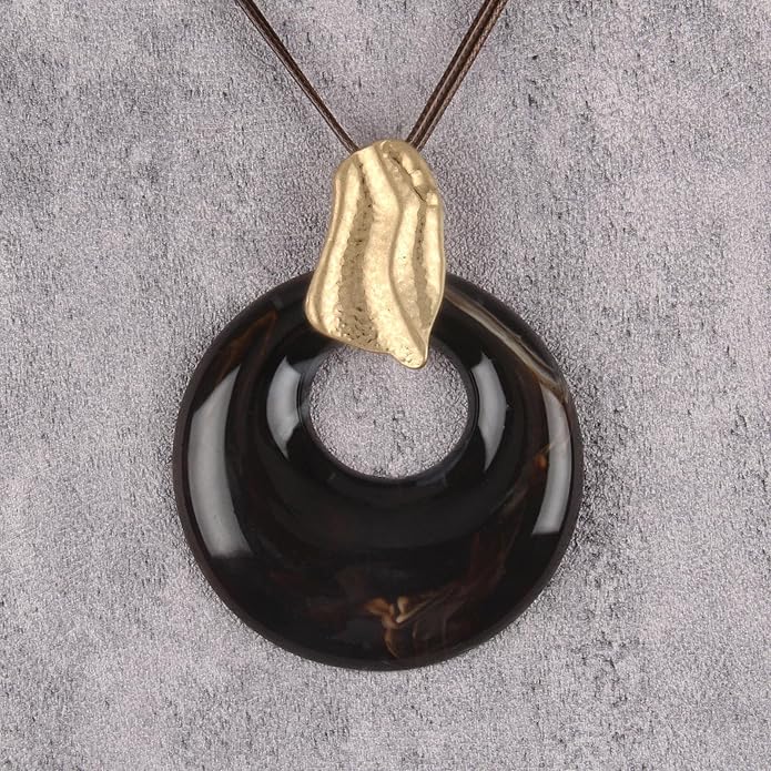 Boho Leather Necklace Women Bohemian Brown Circle Pendant Necklace Choker Long Necklaces for Women Boho Ring Large Pendant