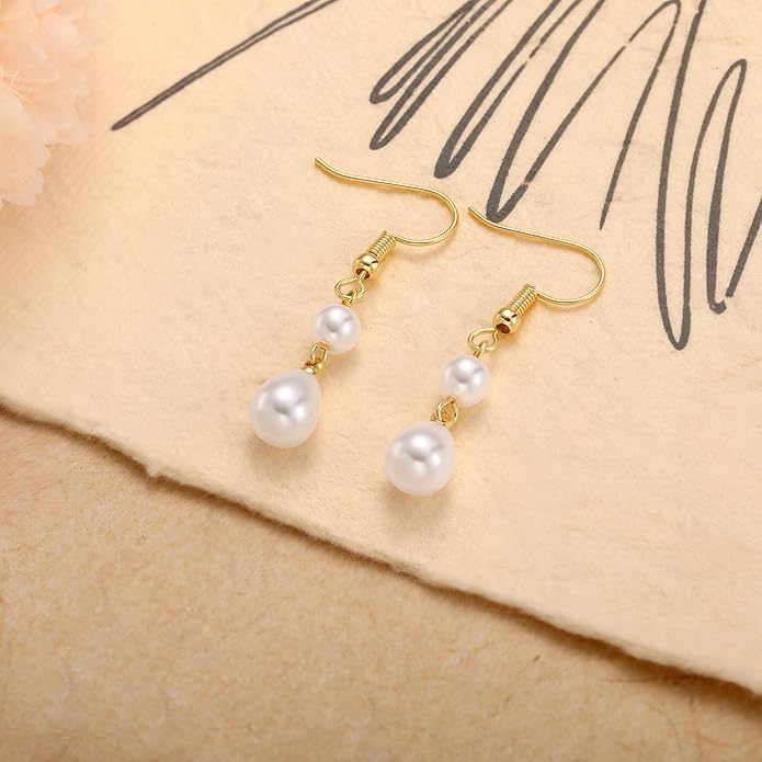 Gold Pearl Dangle Earrings for Women, 14K Gold Plated Small Pearl Drop Huggie Hoop Earrings, Hypoallergenic Dainty Gold Earrings Wedding Jewelry Gifts for Women Trendy