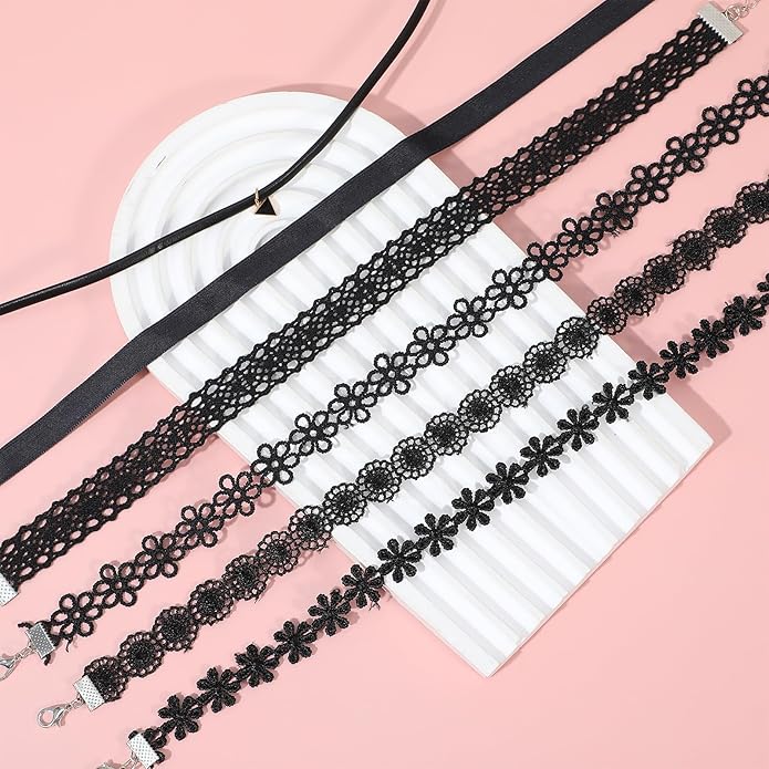 Bremorou 6 Pcs Choker Necklace for Women Black Velvet Chokers Adjustable Vintage Gothic Elastic Choker for 90s Style Classic Punk Lace Chokers Fit Party Cosplay Birthday Gifts Black