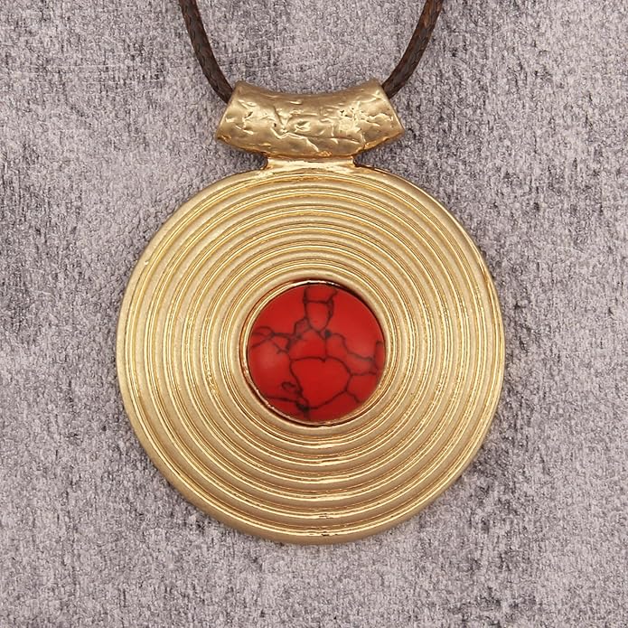 Boho Leather Necklace Women Bohemian Brown Circle Pendant Necklace Choker Long Necklaces for Women Boho Ring Large Pendant