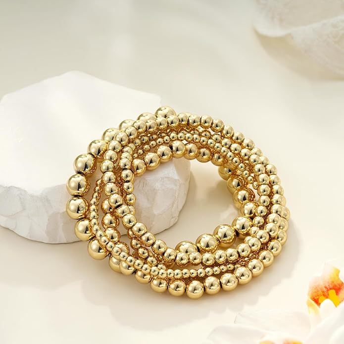 Gold Bead Bracelets for Women Girls - 14K Gold Plated Dainty Round Bead Ball Pearl Cross Bracelet Stack for Women Teenage Girls Stackable Jewelry Christmas Gifts