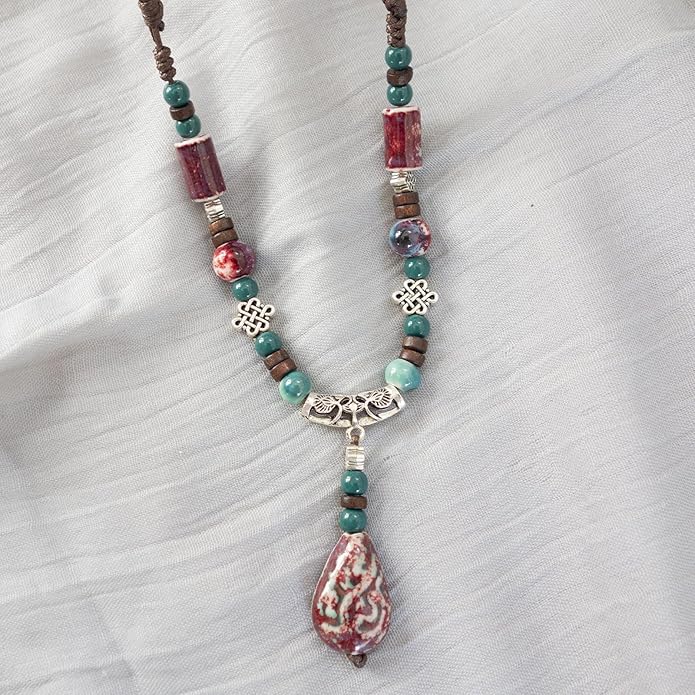 Adjustable Ceramic Beaded Necklace for Women, Boho Handmade Flower Pendant Necklace, Hippie Jewelry for Mom and Wife