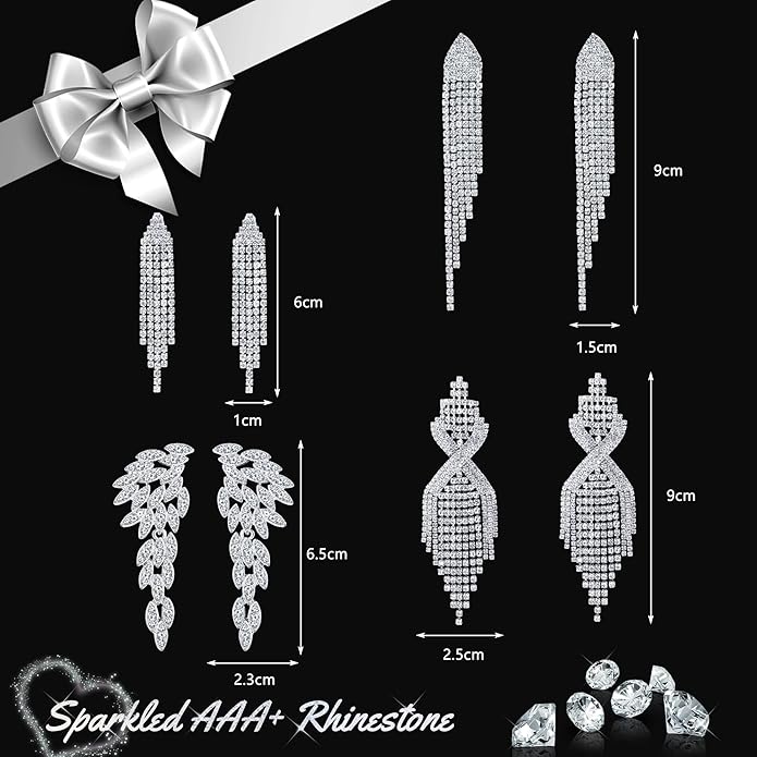 THUNARAZ 4 Pairs Silver Clip on Earrings for Women, Sparkly Rhinestone Tassel Chandelier Teardrop Dangle Earrings for Brides Bridesmaids Non Pierced Prom Jewelry Set