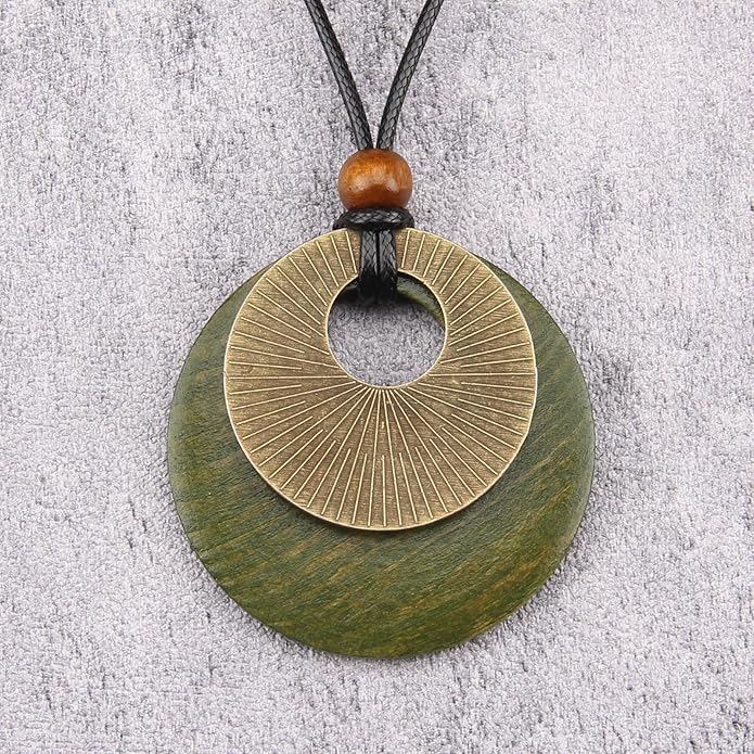 Boho Leather Necklace Women Bohemian Brown Circle Pendant Necklace Choker Long Necklaces for Women Boho Ring Large Pendant