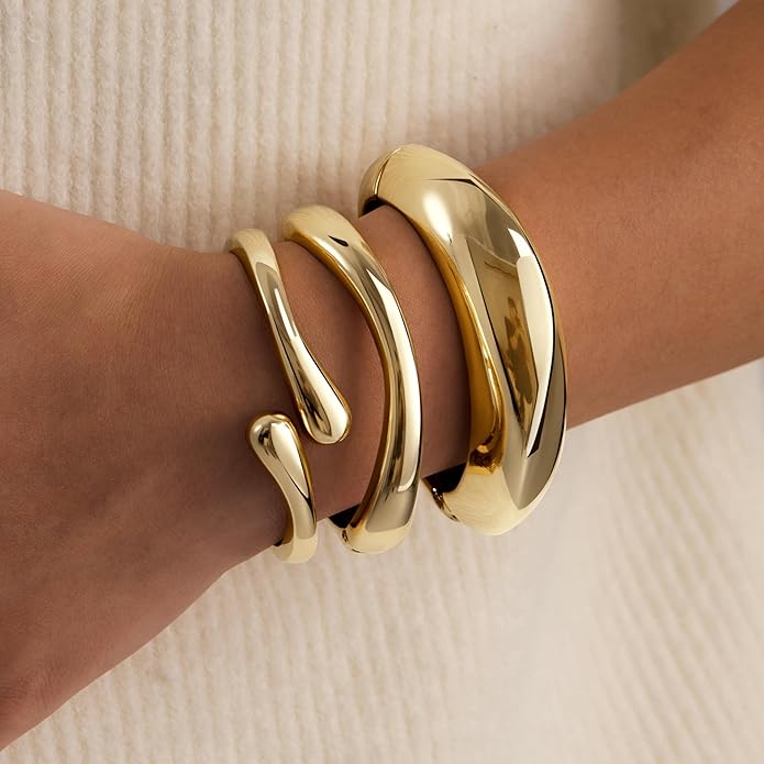 Chunky S925 Sterling Silver Plated Bangle Bracelets Stack for Women, Thick Statement Silver Plated Stackable Bangle Cuff Bracelets Set,Trendy Big Large Gold Bracelet Stacked Fashion Jewelry Gifts Non Tarnish