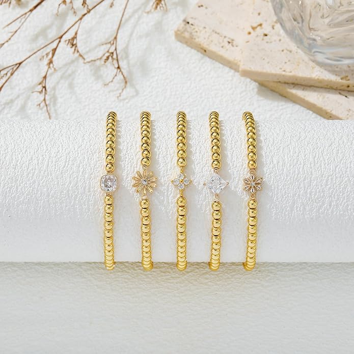 HZDK Gold Bracelets for Women - 14K Gold Plated Beaded Bracelets for Women Gold Jewelry Stackable Charm Bracelet Dainty Stretch Bead Bracelet Christmas Gifts for Her