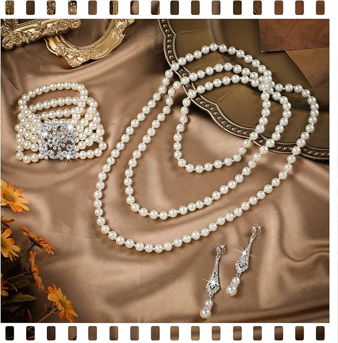 Maitys 3 Pcs 1920s Pearl Jewelry Set Includes Vintage Flapper Earrings Multilayer Imitation Pearl Necklace Bracelet for Women