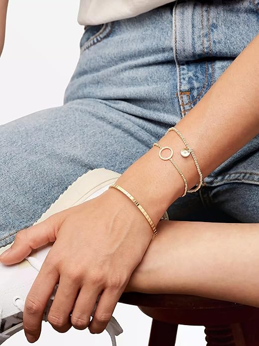 PERNNLA PEARL Dainty Gold Bar Bracelet for Women Simple Delicate Thin Cuff Bangle Hook Bracelet 18K Gold Plated Handmade Minimalist Jewelry