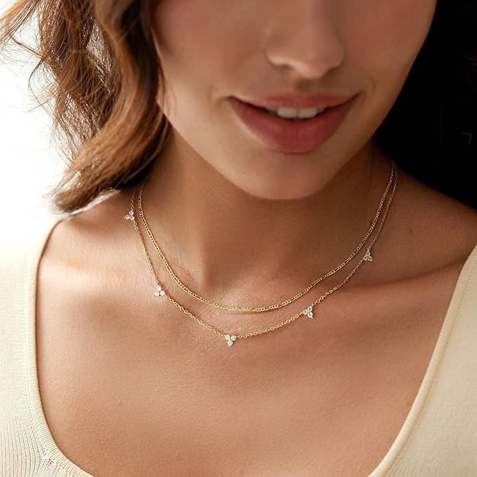 Layered Necklaces for Women,Dainty 14k Gold Plated CZ Layered Choker Necklace for Women Trendy Non Tarnish Hypoallergenic Beaded Paperclip Chain Necklace Stack Women's Minimalist Gold Jewelry Gifts