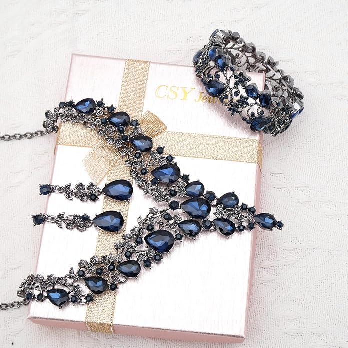 CSY Elegant Crystal Costume Jewelry Sets Flower Bridal Necklace Earrings Stretch Bangle Set for Bride Bridesmaid Wedding Dress Accessories