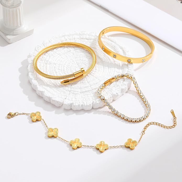 18K Gold Plated Bangle Bracelets Stack for Women,Four Leaf Clover Stackable Bracelets Non Tarnish,4 Pcs Jewelry sets Gifts