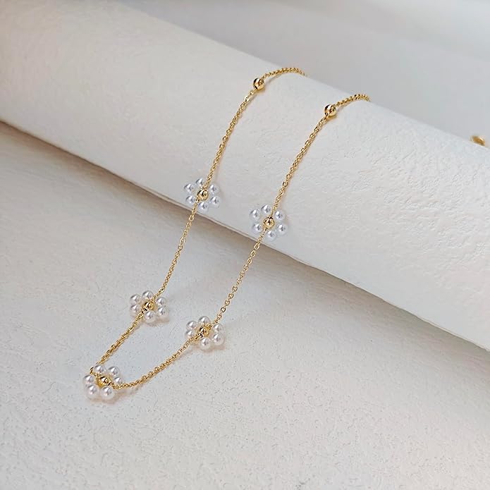 OGD Gold Pearl Necklaces Set for Women 14K Gold Plated Dainty Layered Pearl Cute Daisy Pearl Choker Gold Necklace Gifts for Women Gold Trendy Jewelry Gifts