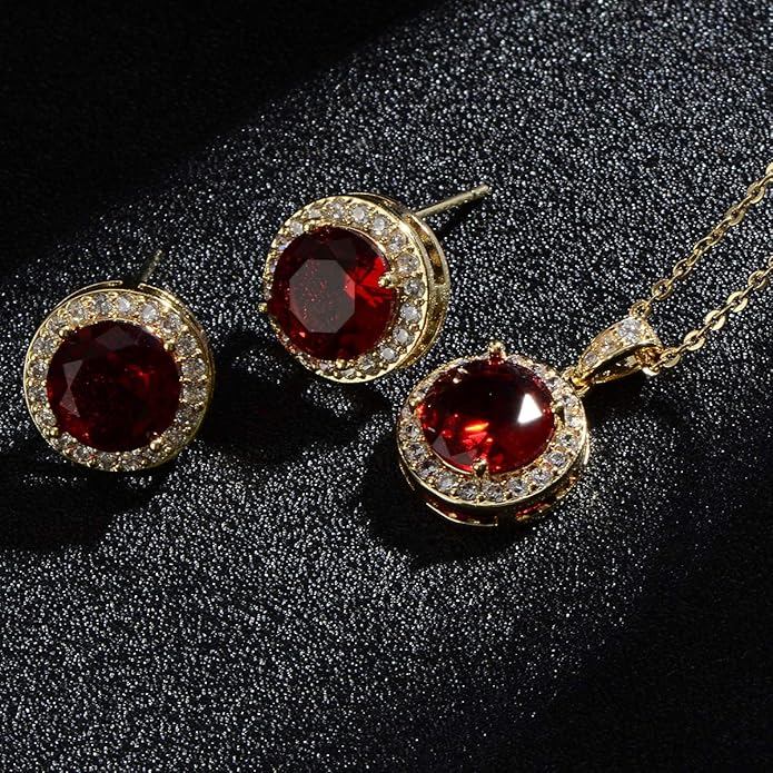 Bridal Crystal Jewelry Set - Sterling Silver Round Cubic Zirconia CZ Rhinestone Halo Birthstone Pendant Necklace Stud Earrings Set for Wedding Bride Bridesmaids Birthday Gift