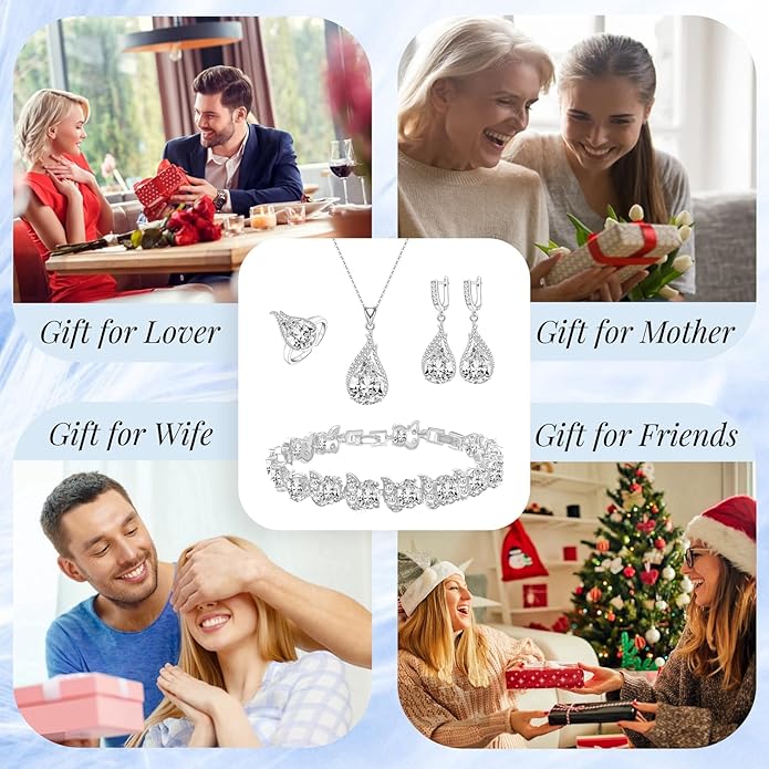GZWHD Jewelry Set for Women CZ Earrings Necklace Ring Bracelet Set Prom Party Wedding Jewelry Gift for Mother Friend Wife