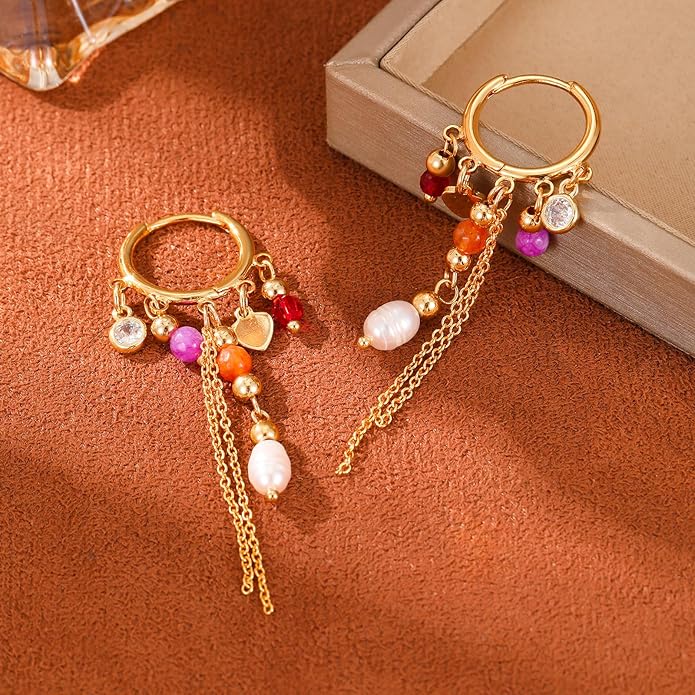 GZQ Bohemian Tassel Hoop Earrings for Women,Colorful Beaded Pearl Dangle Jewelry Fashion Statement Accessory for Gift Daily Wear Party Date, Lightweight 2.75in