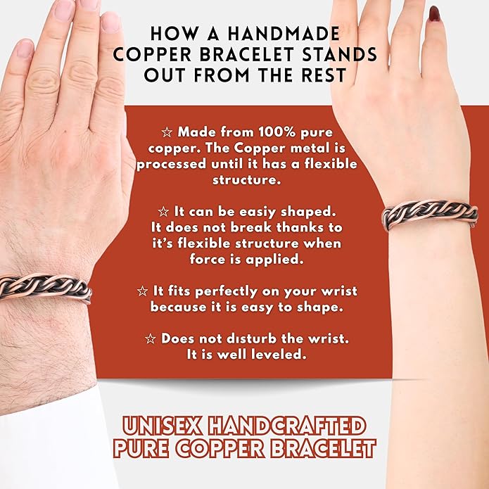 Handmade Elegant Copper Bracelet for Women and Men-Pure Copper Bracelet for Pain Relief and Stress Relief-Adjustable, Thickest, Twisted Copper Wire Bracelet to Fit many Size Wrist(folded)