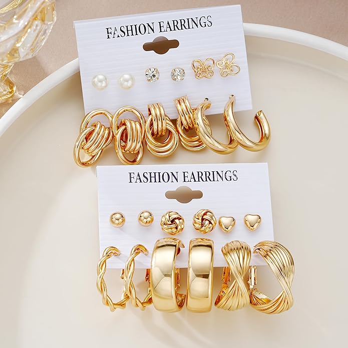 12 Pairs Chunky Gold Hoop Earrings for Women Trendy, Gold Plated Lightweight Hypoallergenic Stack, Thick Open Twisted Huggie Hoops Earring Set
