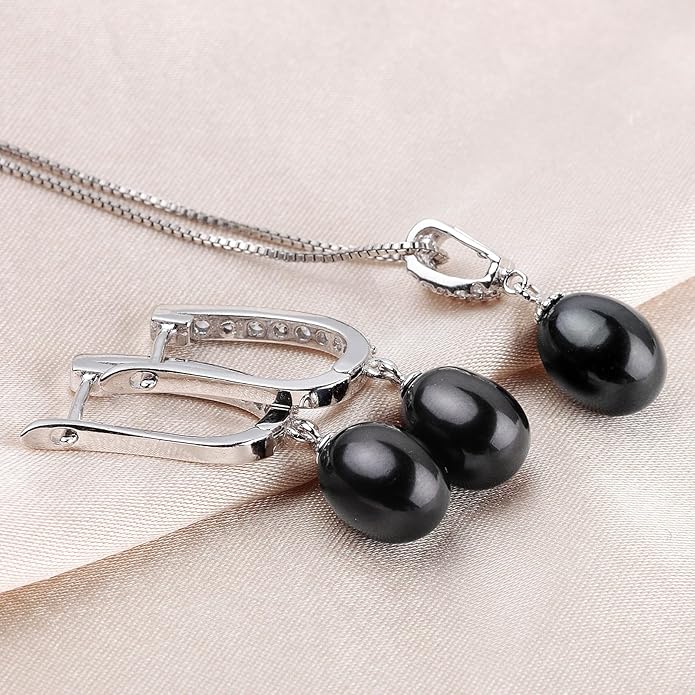 Pearl Jewelry Set For Women with Cubic Zirconia Freshwater Pearl Pendant Necklace & Earrings 925 Sterling Silver for Wedding Prom Gift