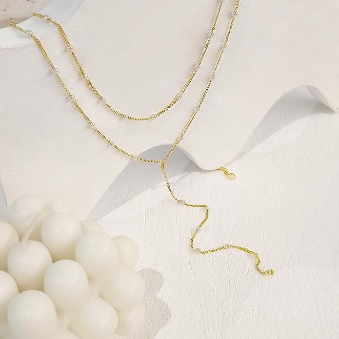 Lariat Gold Necklace for Women Dainty Long Necklace 14k Gold Plated/Silver Y-Shaped Pendant Drop Chain Trendy Layered Pearl/Beaded/CZ Necklaces Simple Gold Jewelry For Women Gift